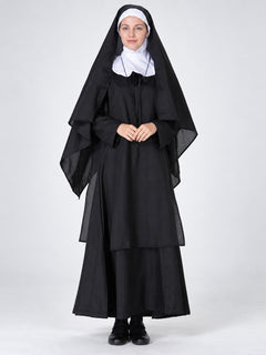 Long black and white costume with headpiece and veil