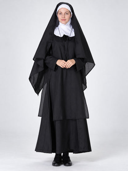 Long black and white costume with headpiece and veil