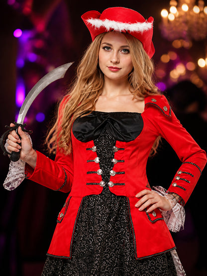 Women's Red and Black Pirate Captain Long Sleeve Costume Set with Hat for on-model view