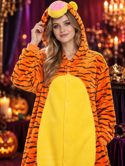 Orange hooded one-piece pajama with stripes