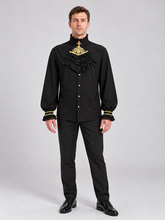 Black shirt with high collar and gold patch