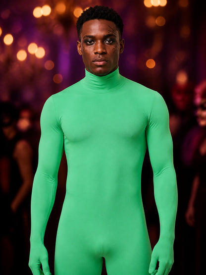 Kids Green Fluorescent Hooded Zentai Jumpsuit Halloween Costume on-model view