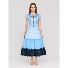 Women's Alice Blue Costume Dress – Puff Sleeve Midi Dress with Tulle Tier & Black Lace Hem