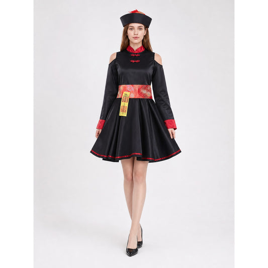 This costume dress is designed for striking theatrical looks and is suitable for cosplay, costume parties, themed performances, and photo shoots. The model follows a traditional Chinese style with expressive decorative details. The main col