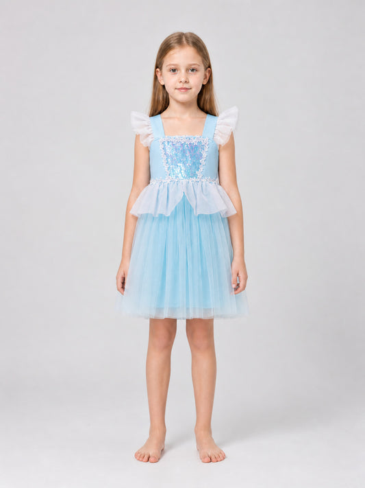 Light Blue Children's Tutu Dress with Lace and Sequins on-model view