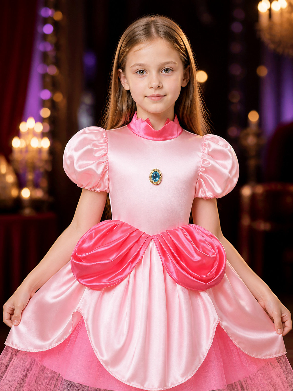 Kids Princess Costume Dress, Puff Sleeve High Collar Layered Skirt Halloween on-model view