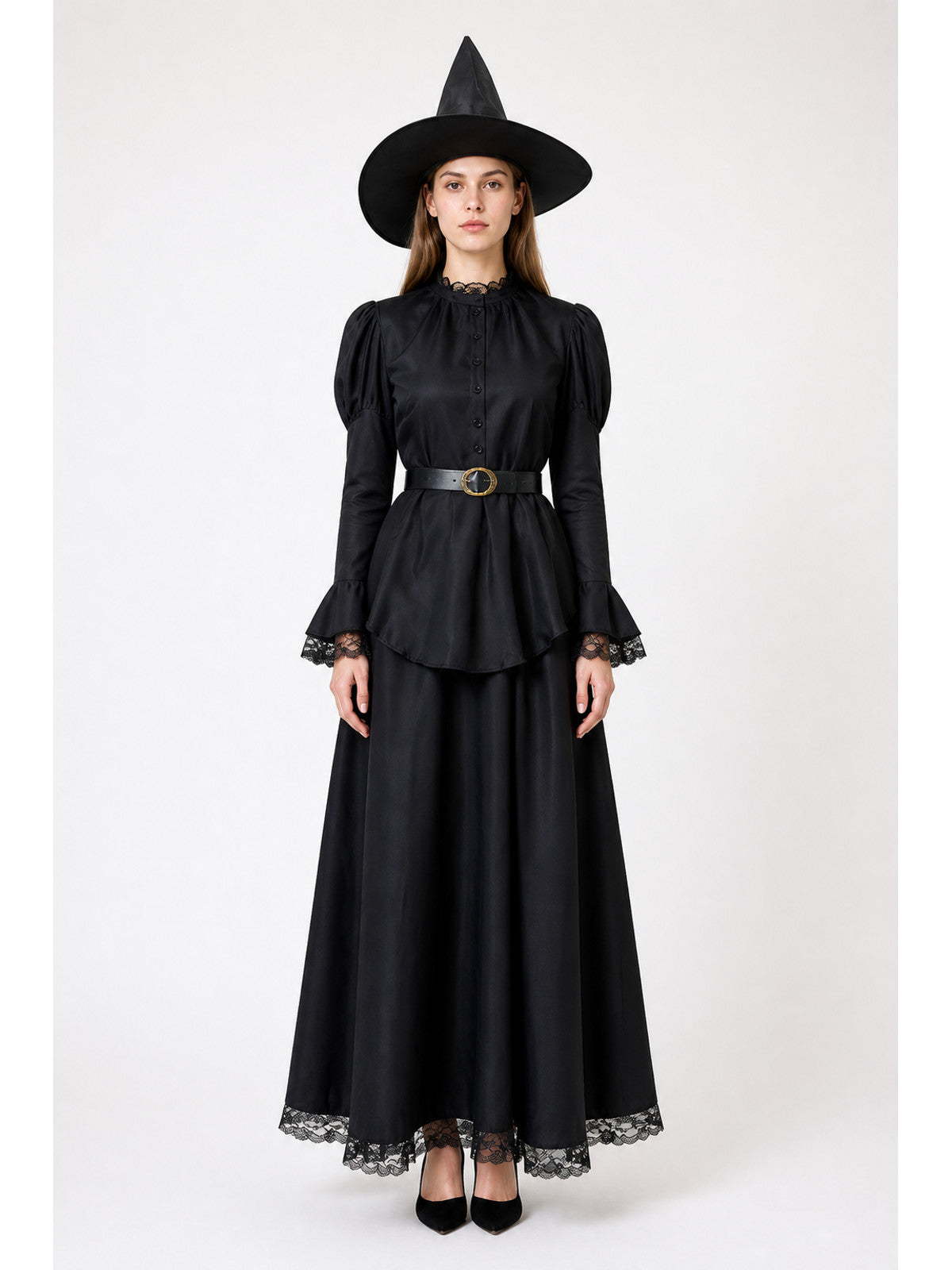 Witch Costume with Black Lace Dress, Hat, and Belt main product view