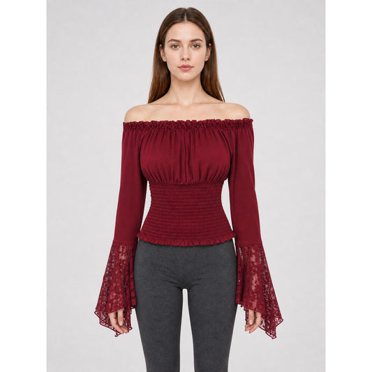 Off-the-Shoulder Blouse with Lace Cuffs