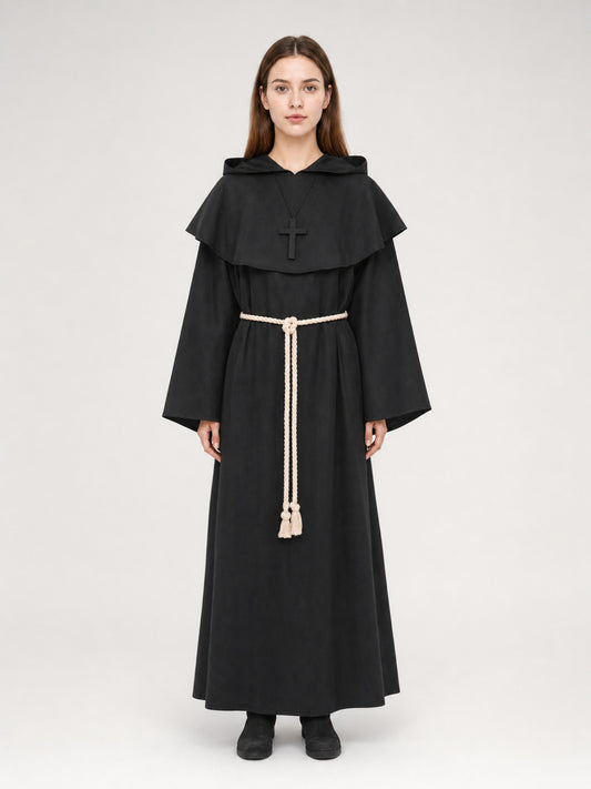 Black hooded monk robe on a full-body model, with a shoulder cape, cross pendant, wide sleeves, and cream rope belt