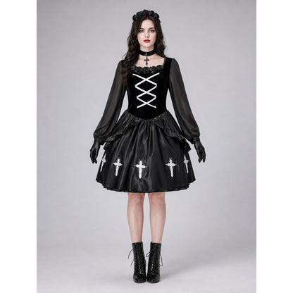 Gothic Dress with Gloves, Collar, and Headband