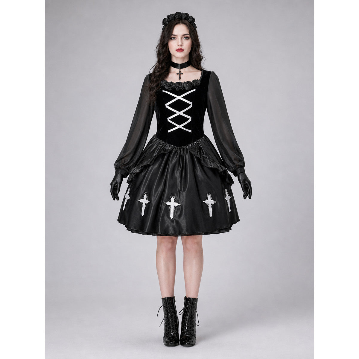 Gothic Dress with Gloves, Collar, and Headband