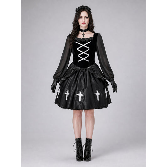 Gothic Halloween Dress with White Crosses and Gloves front view