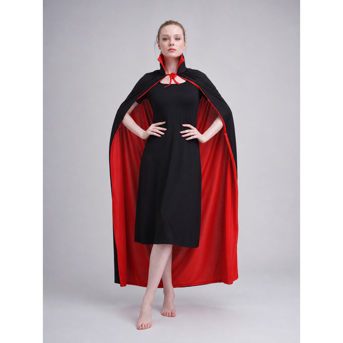 Black and red two-layer cape with collar on-model view