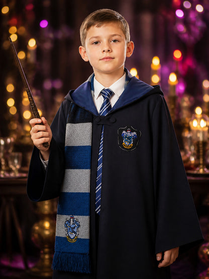 Kids Wizard Costume Set, Hooded Long Robe, Tie And Scarf on-model view