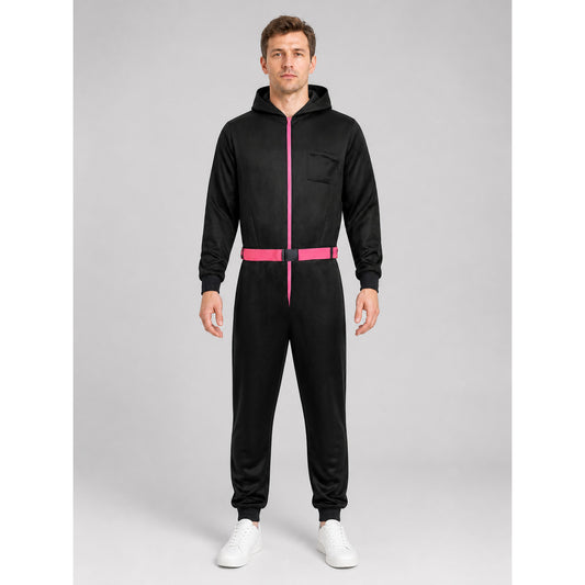 Black Cosplay Jumpsuit with Hood-Mask and Pink Zipper on-model view