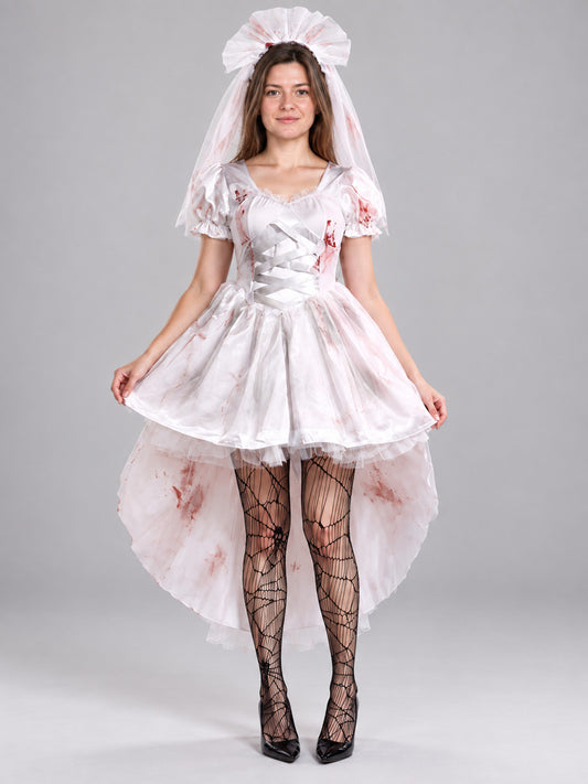 White Bride Costume with Veil and Lacing