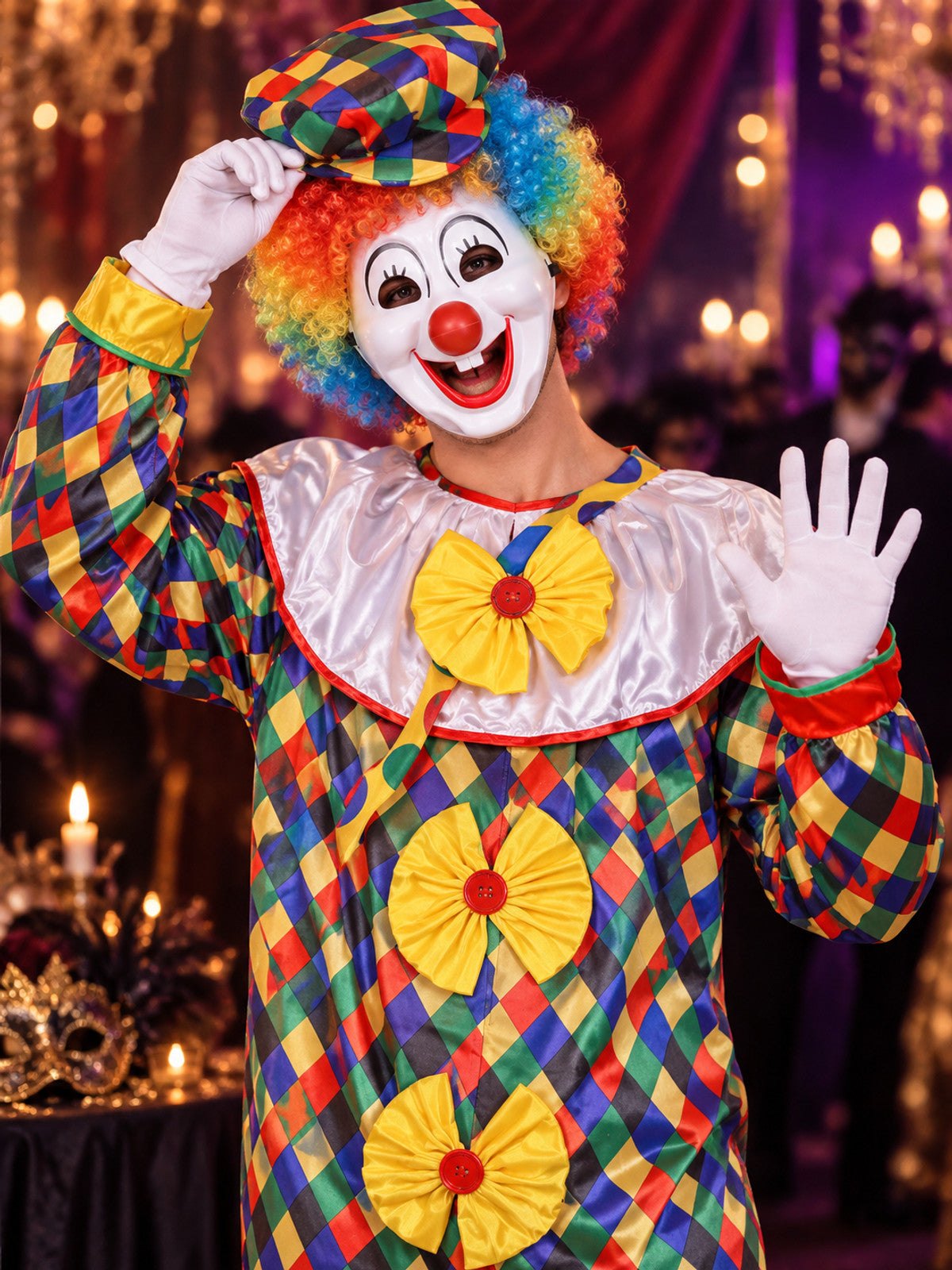 Clown Costume: Diamond-Pattern Jumpsuit, Wig, Mask