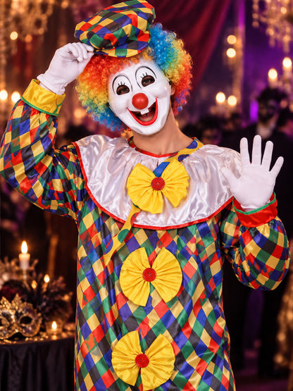Clown Costume: Diamond-Pattern Jumpsuit, Wig, Mask