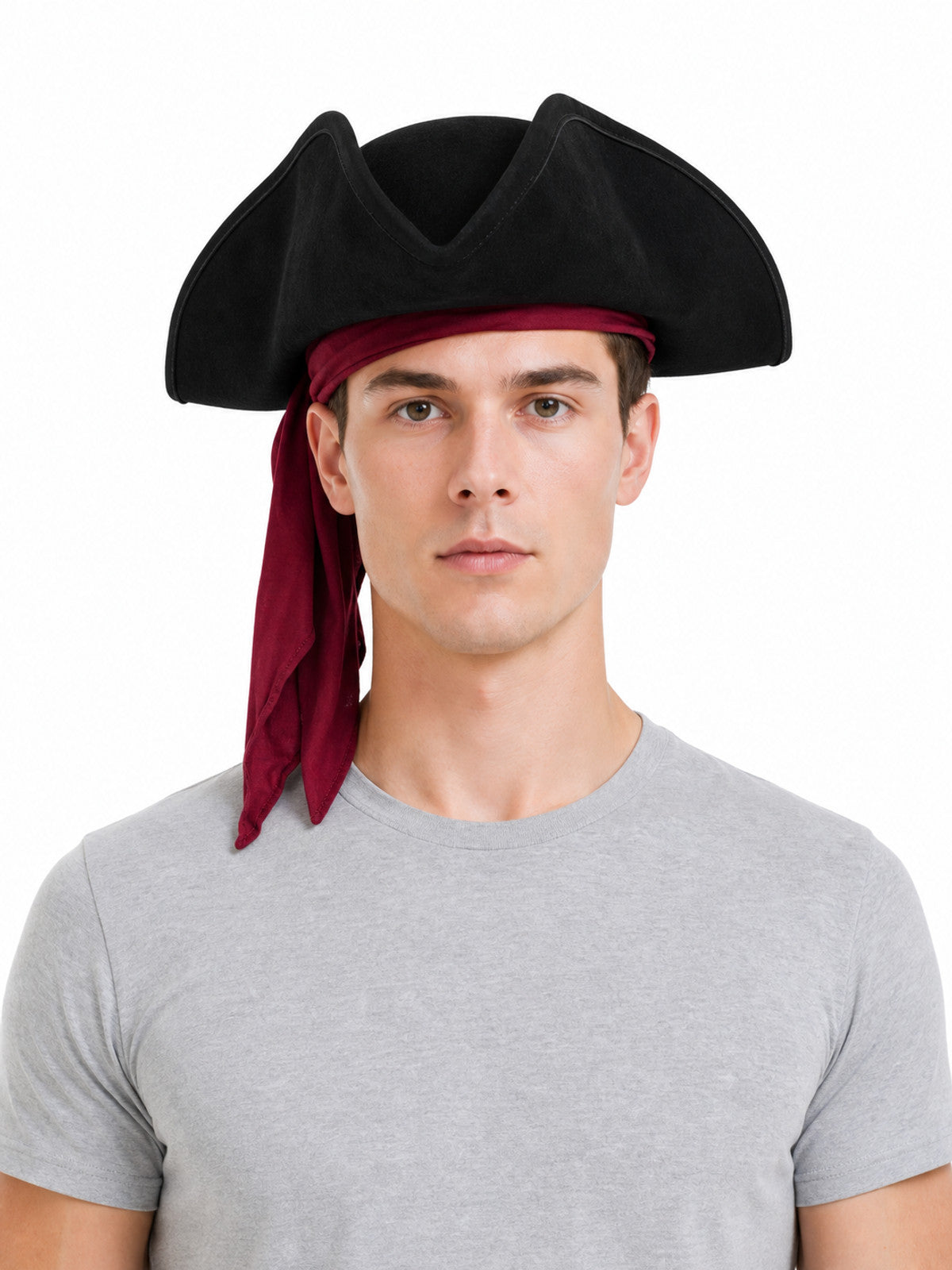Black tricorn hat with a burgundy scarf worn by a man, shown from the front against a white background