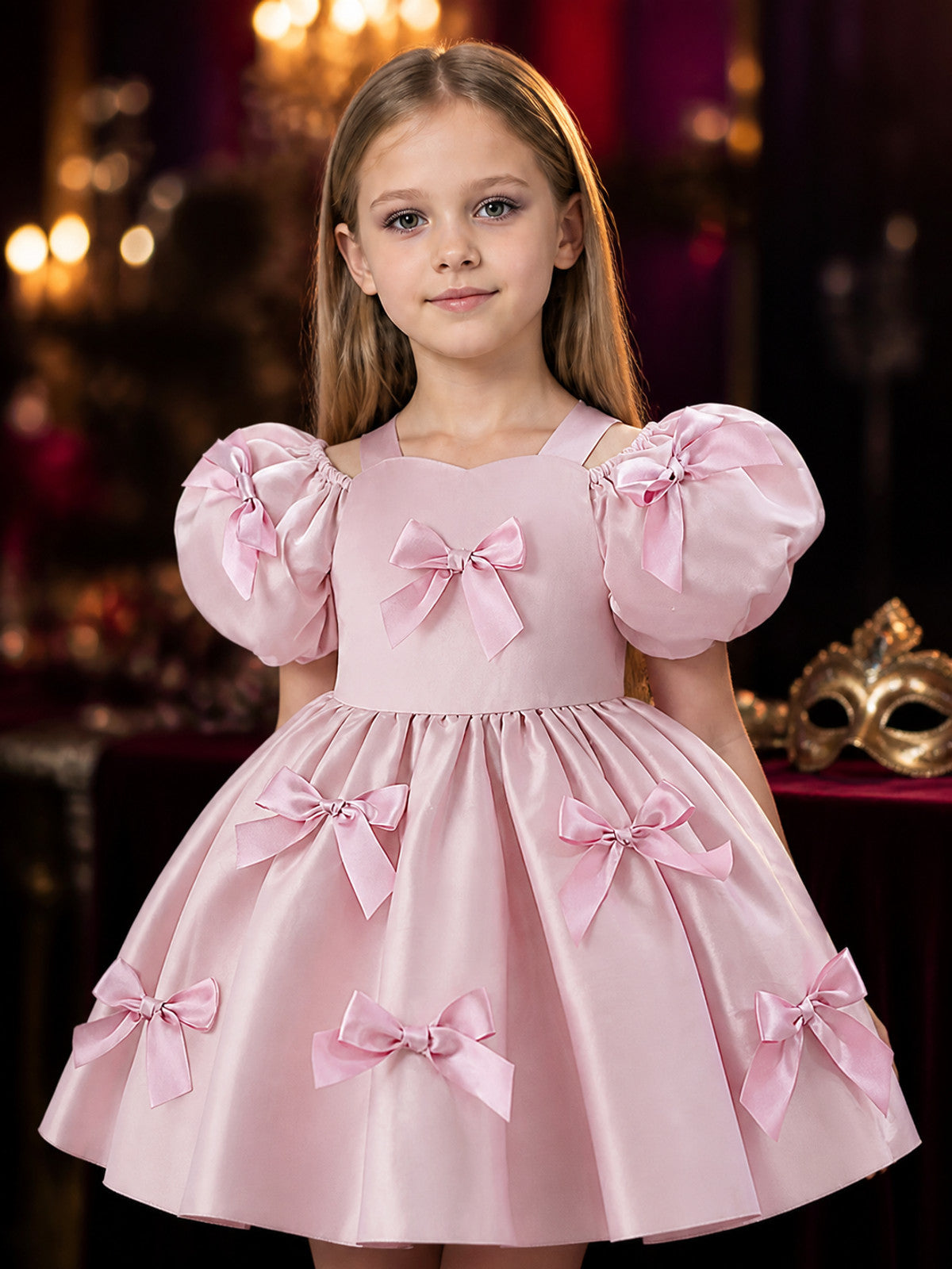 Toddler Girls' Pink Princess Party Dress with Puff Sleeves and Bow Decorations on-model view