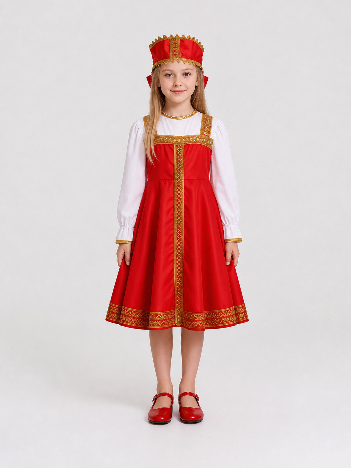 Russian Folk Costume with Headwear, Red and White
