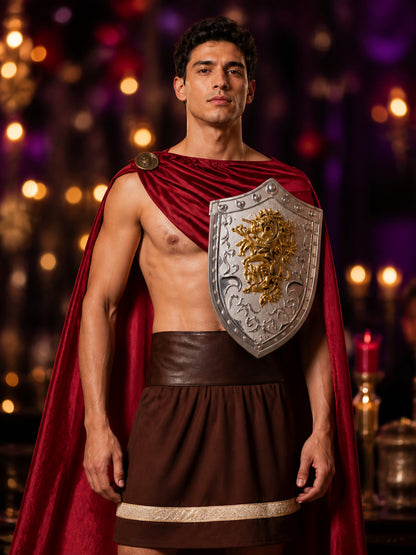 Men's Spartan Warrior Costume Set with Red Cape and Tunic, Ancient Greek Fancy on-model view
