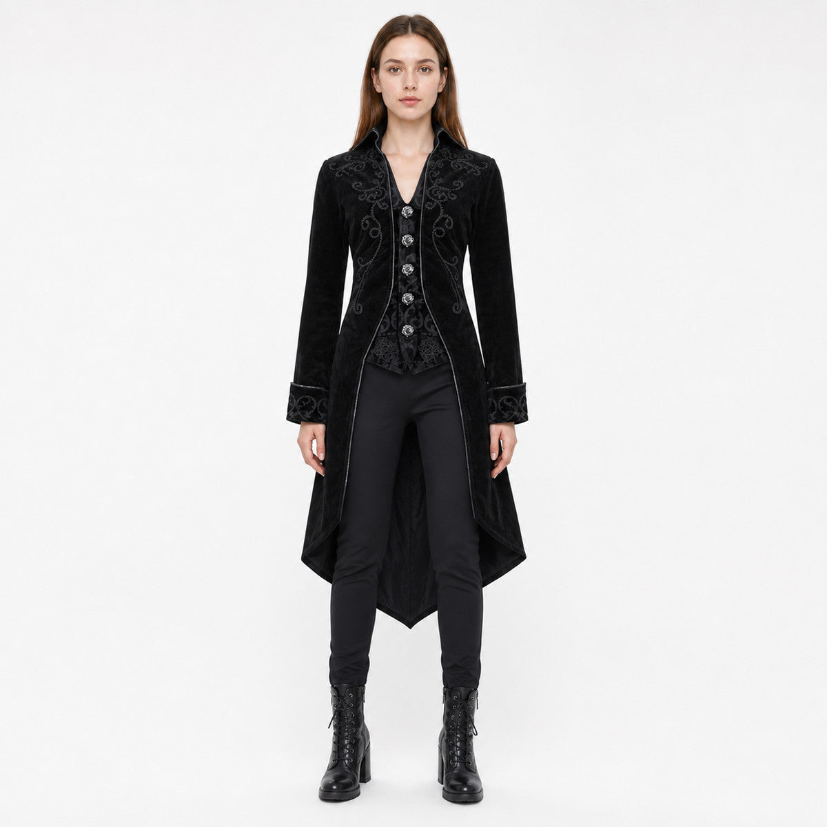 Black embroidered coat with a stand-up collar and pointed tails