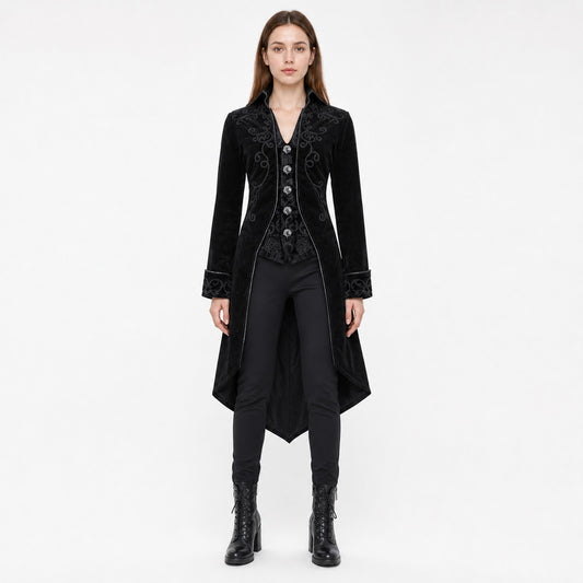 Black embroidered coat with a stand-up collar and pointed tails