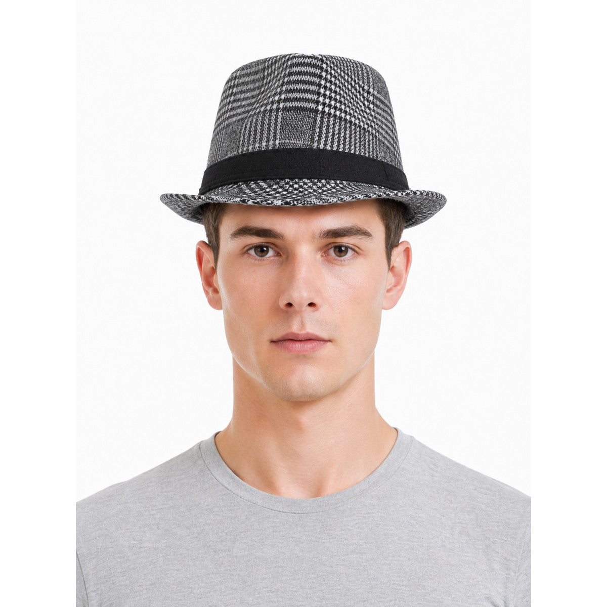 Carnival Hat in Gray and Black Plaid front view