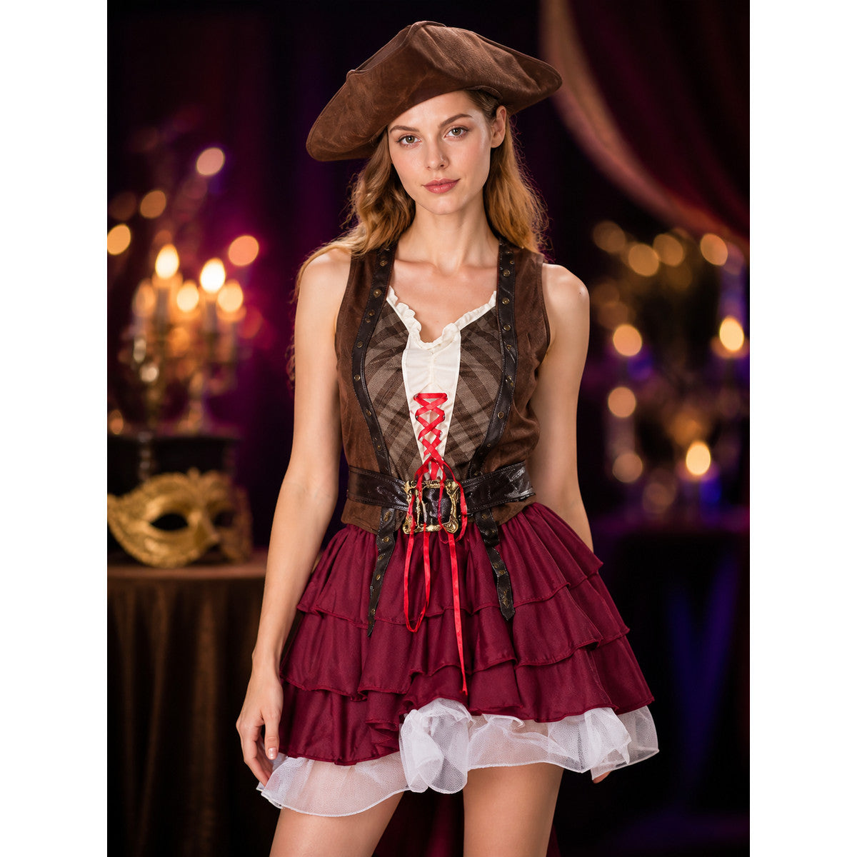Adult Pirate Costume Set with Hat, Belt, Top and Layered Ruffle Skirt Halloween on-model view