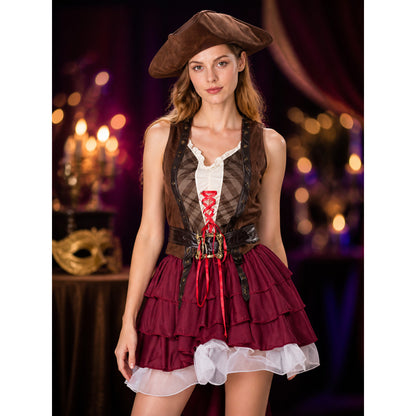 Adult Pirate Costume Set with Hat, Belt, Top and Layered Ruffle Skirt Halloween on-model view