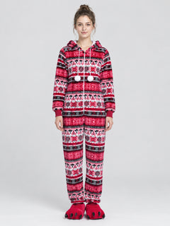 Unisex Red Christmas Fair Isle Hooded Onesie Pajama Jumpsuit with Pom-Poms