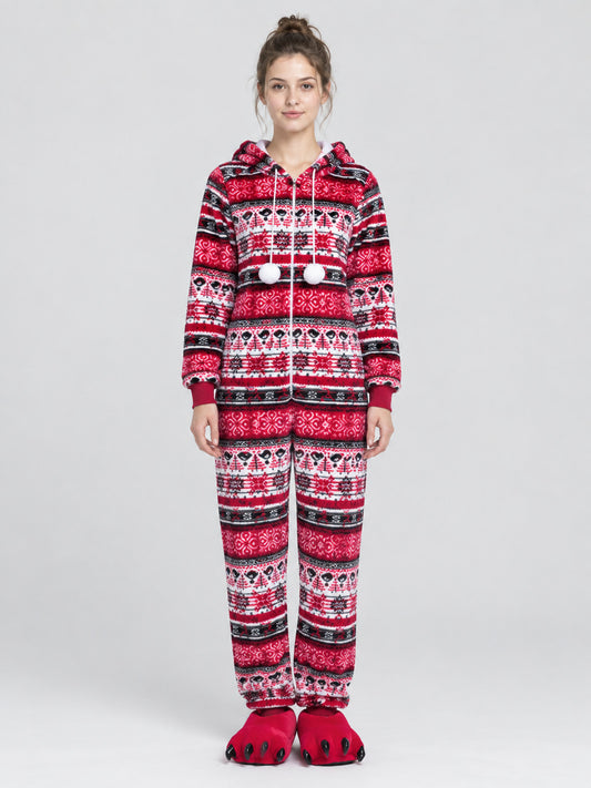 Flannel Hooded Pajama Jumpsuit with Pom-Poms