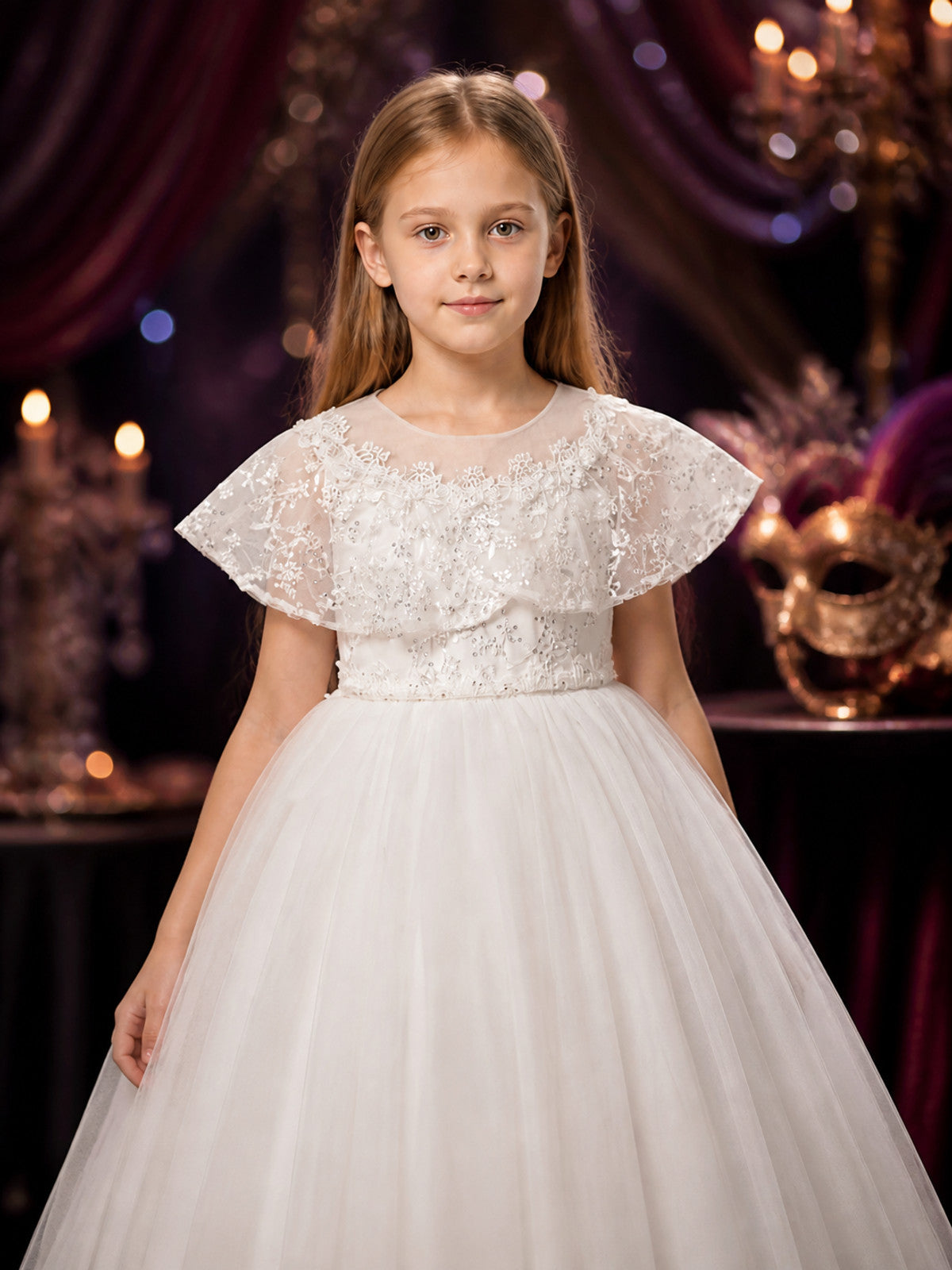 Girls' White Princess Dress, Sequin Floral Lace Tulle Formal Gown, 8Y-12Y on-model view