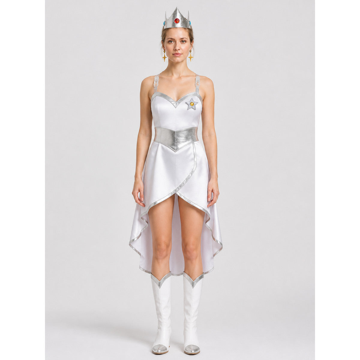 Costume accessory set: crown, brooch, and earrings on-model view