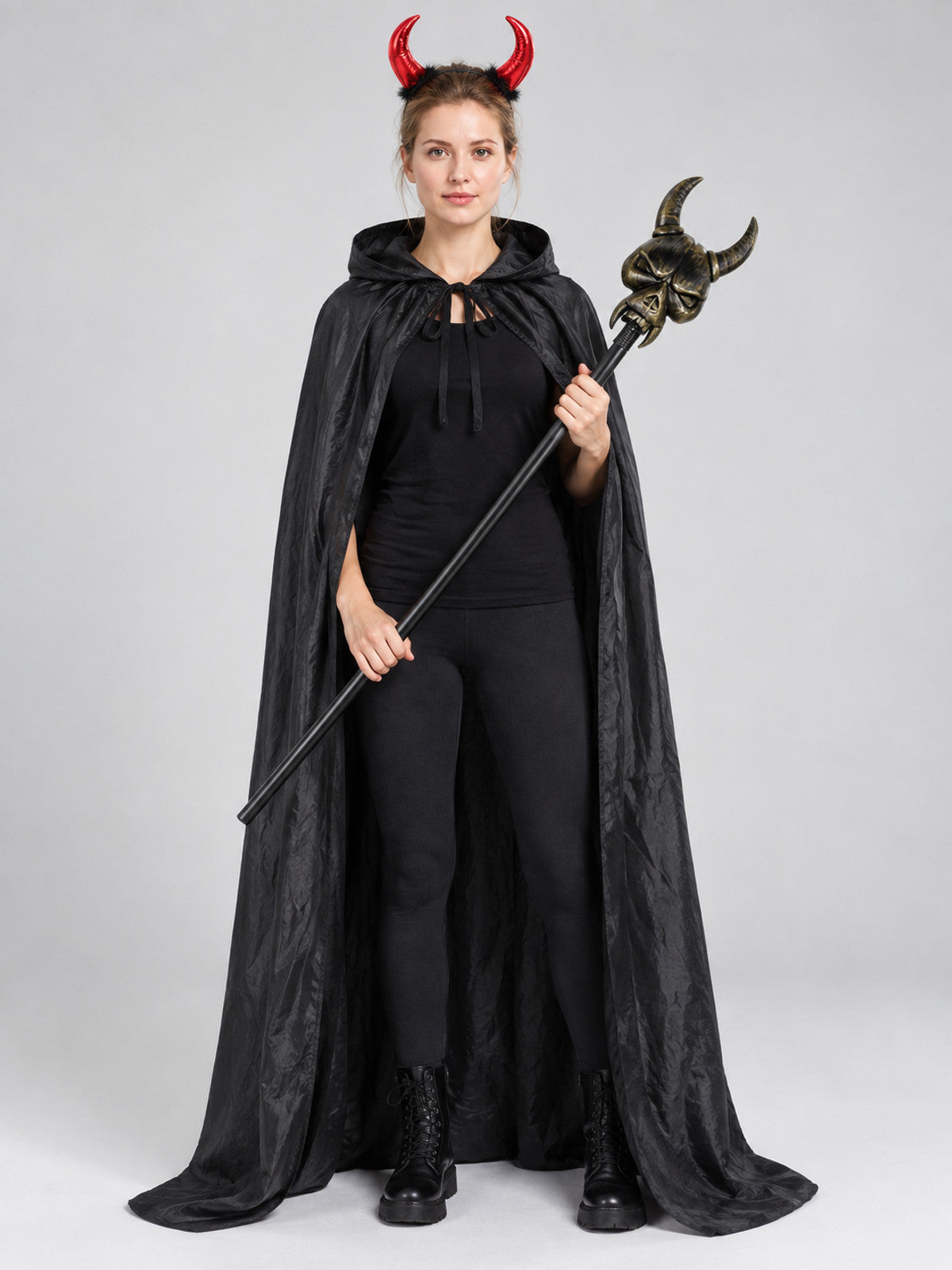 Costume set with cape, horns, and staff on-model view