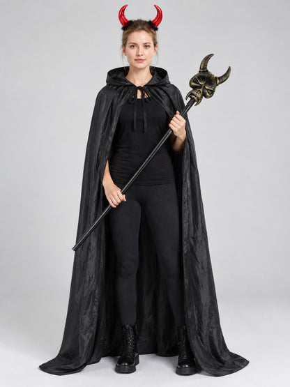 Costume set with cape, horns, and staff on-model view