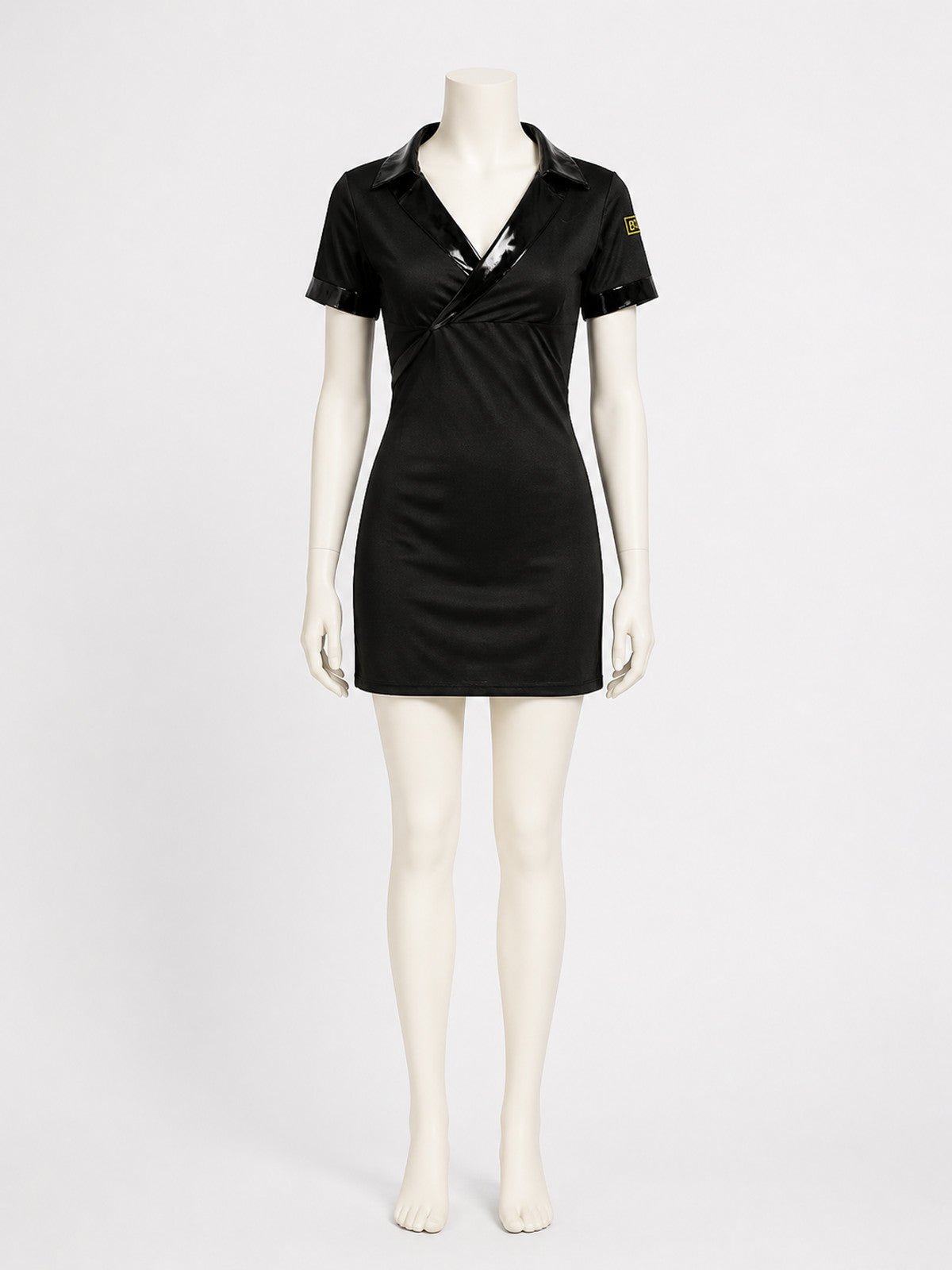 Women's V-Neck Police Costume Dress, Black Short Halloween Outfit with Belt and