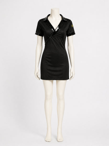Women's V-Neck Police Costume Dress, Black Short Halloween Outfit with Belt and
