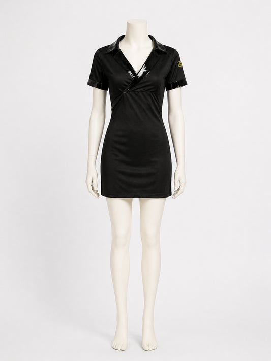 Women's V-Neck Police Costume Dress, Black Short Halloween Outfit with Belt and on-model view