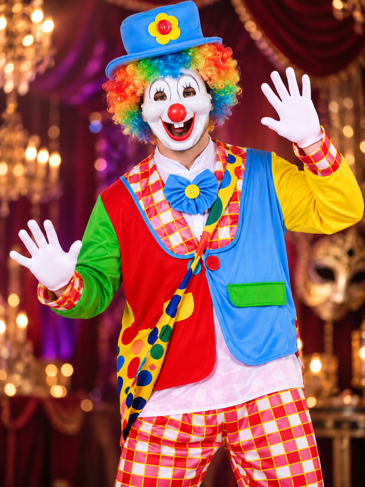 Adult Clown Costume, 6 Pieces, Wig and Mask