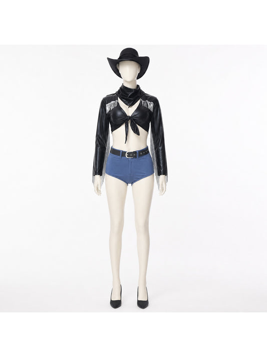 Cropped Black Jacket with Fringe and Lace-Up Front main product view