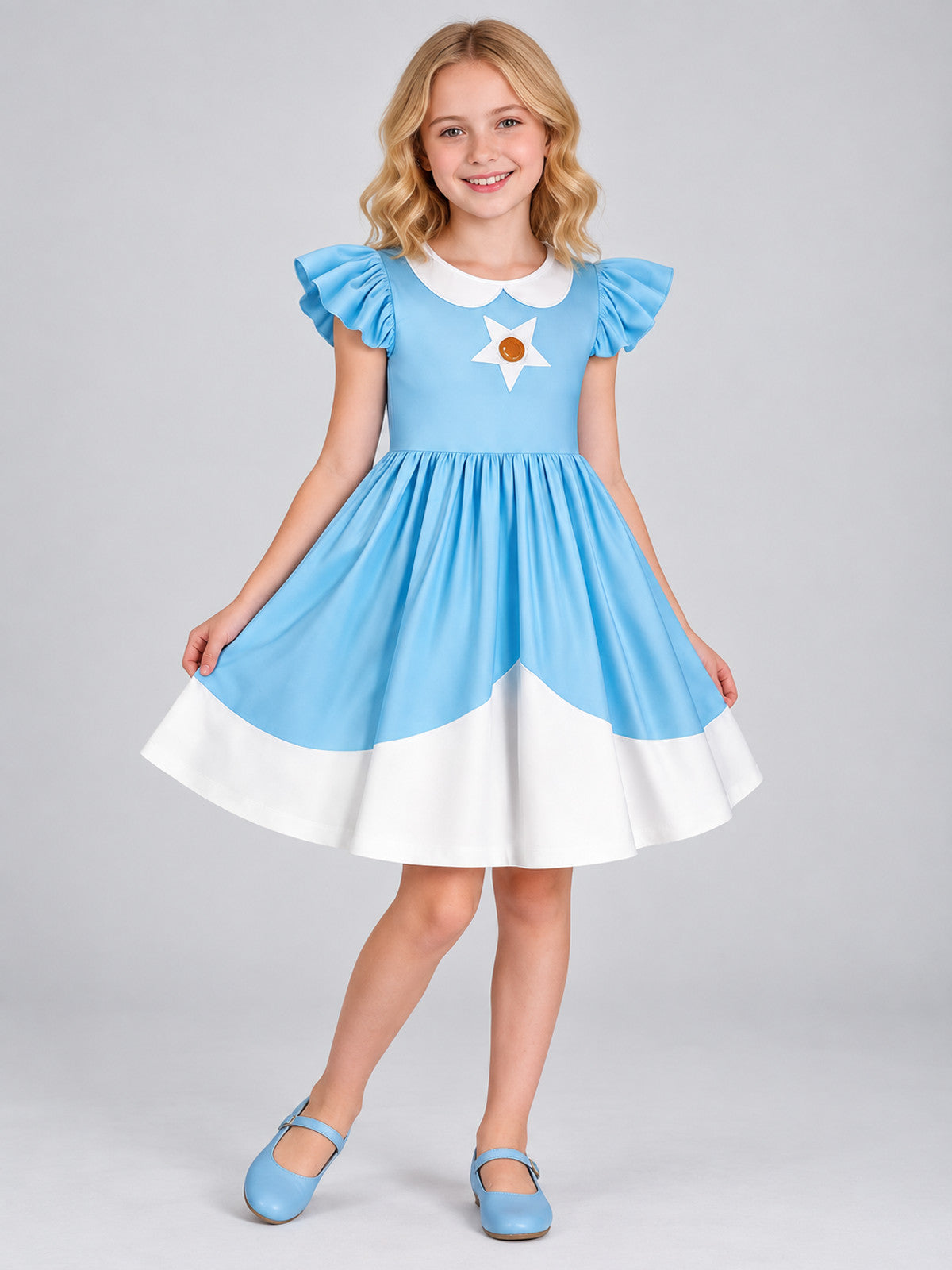 Blue carnival dress with white trim and ruffles