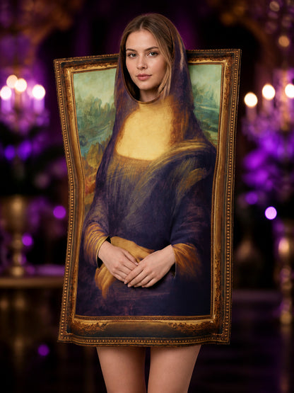 Vintage Portrait Frame Bodysuit Costume, Mona Lisa Style Halloween Outfit on-model view