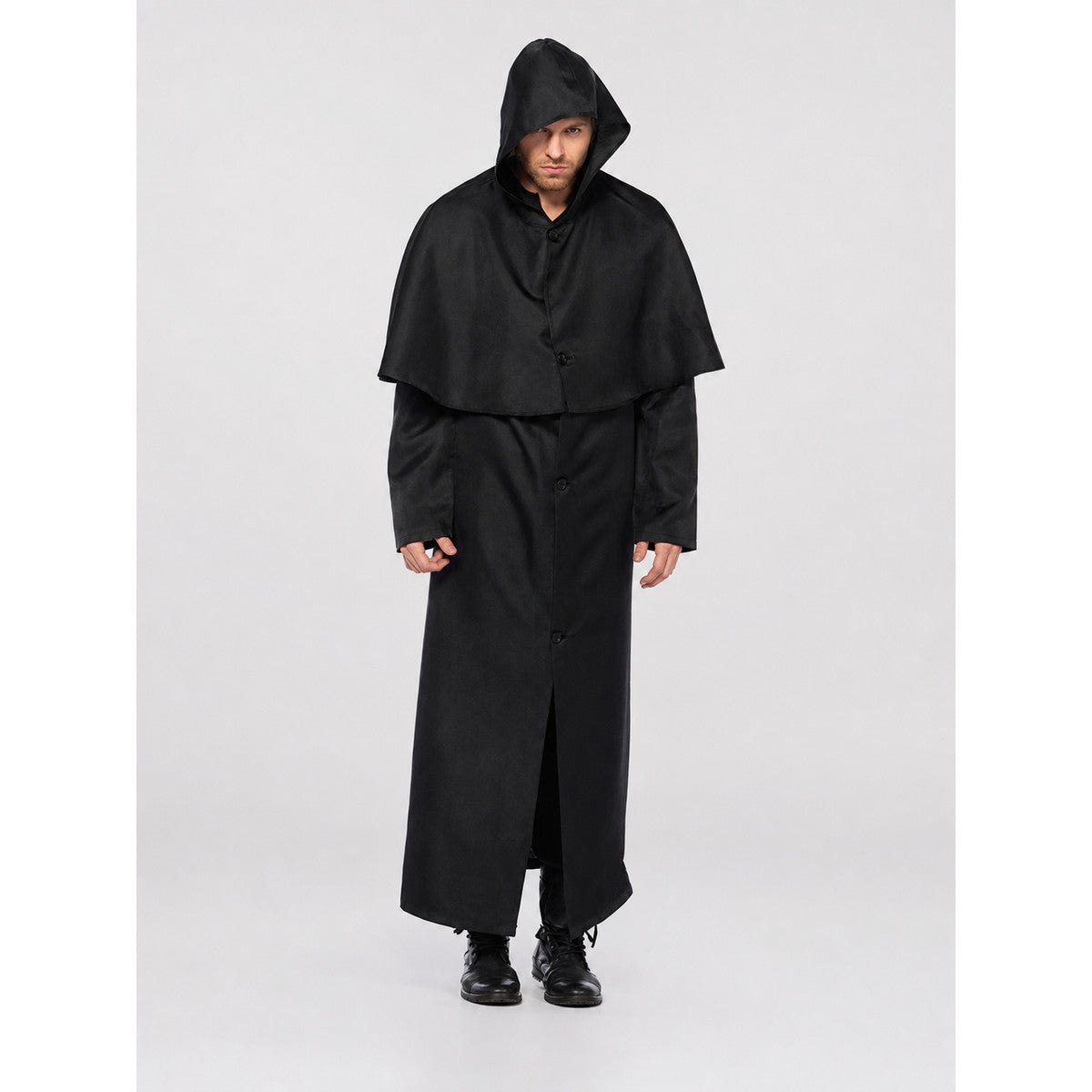 Black hooded cloak for cosplay and Halloween on-model view