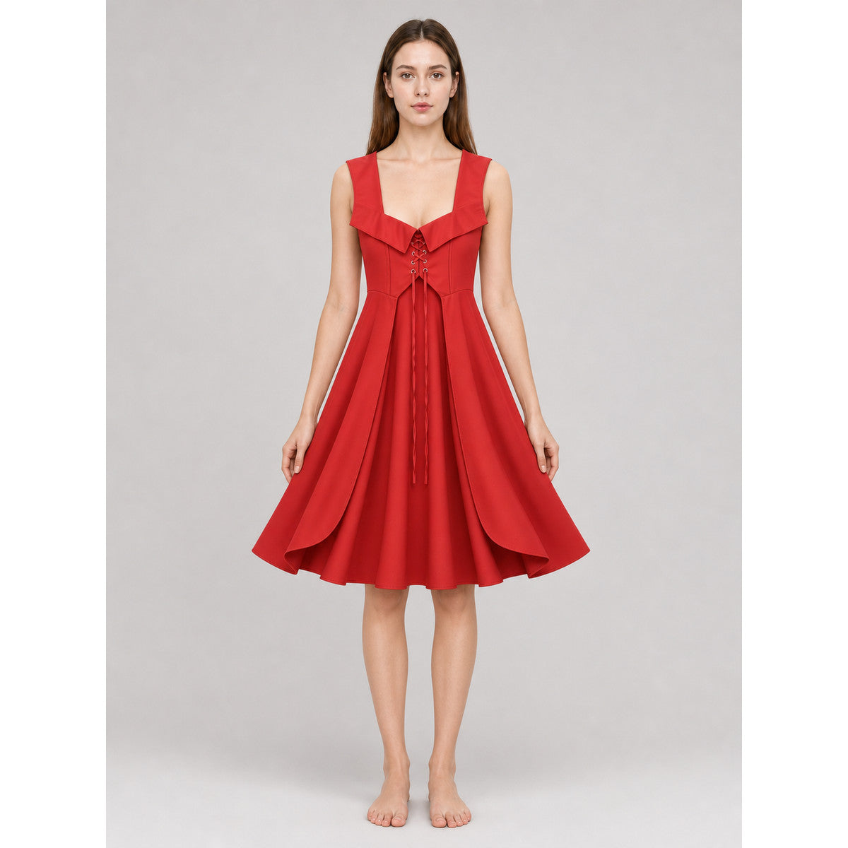 The red dress is designed in a vintage corset style and is suitable for costume events, themed parties, stage performances, and special occasions. The sleeveless design features a wide rounded neckline and a fitted bodice with structured pa