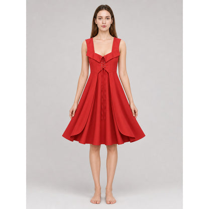 The red dress is designed in a vintage corset style and is suitable for costume events, themed parties, stage performances, and special occasions. The sleeveless design features a wide rounded neckline and a fitted bodice with structured pa