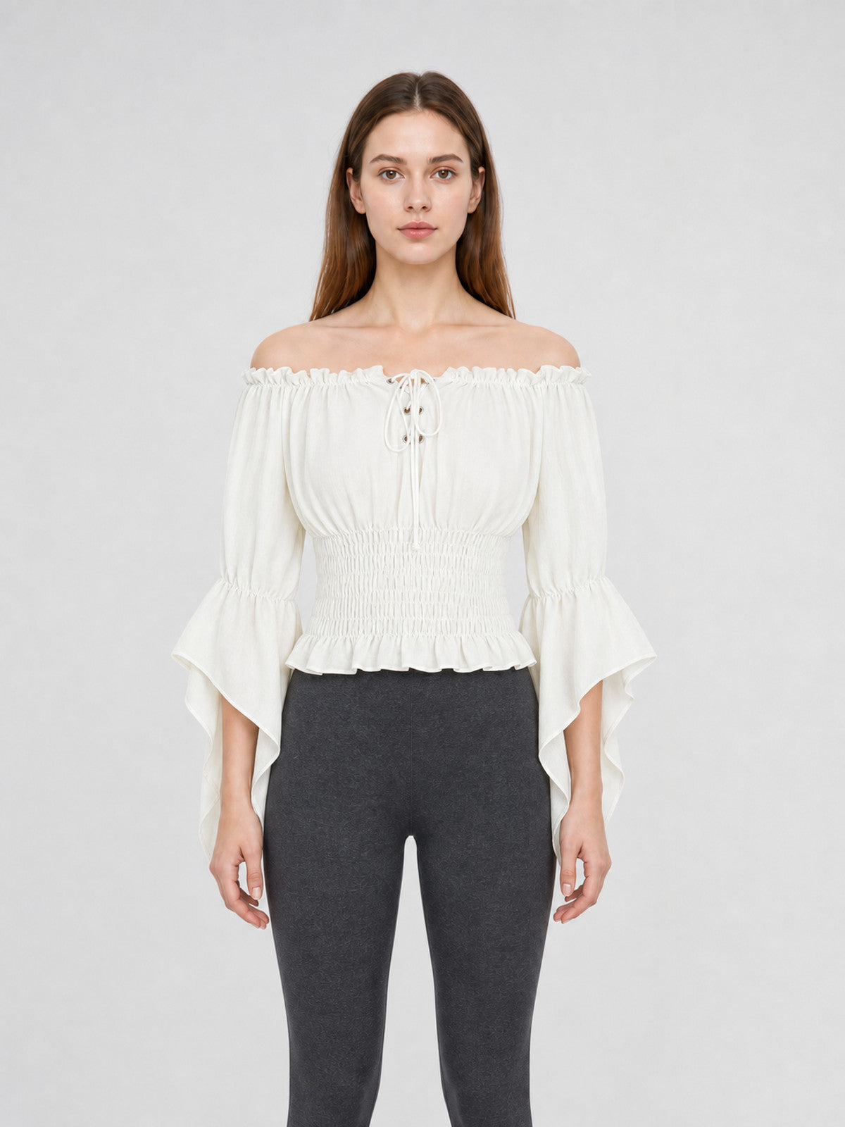 Off-the-Shoulder Lace-Up Crop Blouse front view