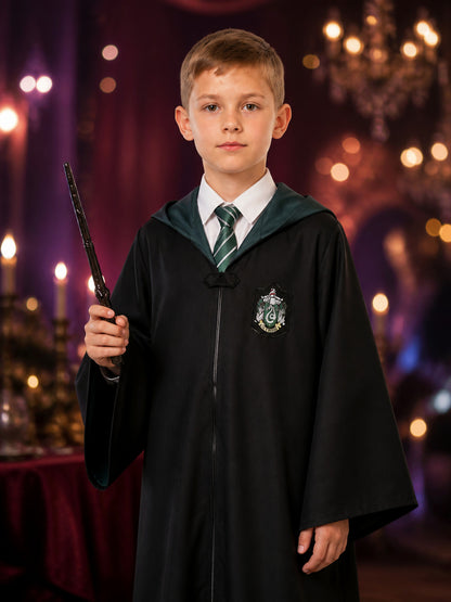Slytherin Wizard Costume with Robe and Tie for Cosplay on-model view