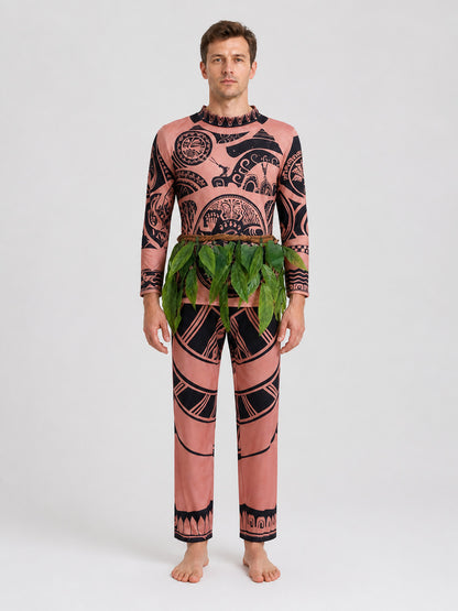 Maui Cosplay Costume: Long-Sleeve Shirt, Pants, and Grass Skirt on-model view